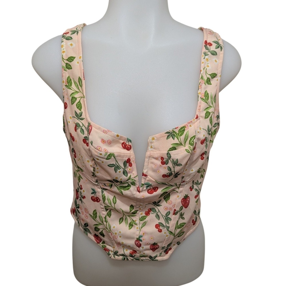 RESA Corset Crop Top Women Small Peach Strawberry Cherry Print Zip Back